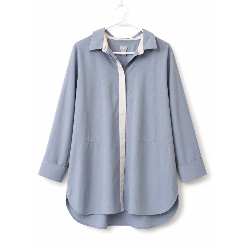 Chicos Womens No Iron Chic Stretch‎ Button Shirt Blue Tunic Plus Size 3 16